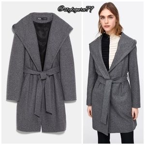REPOSH - ZARA Grey Lined Wool Blend Coat with belt and hood